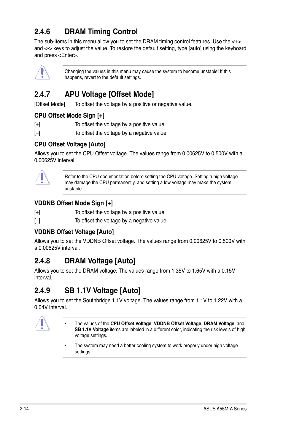 6 dram timing control, 7 apu voltage [offset mode, 8 dram voltage [auto | 9 sb 1.1v voltage [auto, Dram timing control -14, Apu voltage [offset mode] -14, Dram voltage [auto] -14, Sb 1.1v voltage [auto] -14 | Asus A55M-A/USB3 User Manual | Page 56 / 78