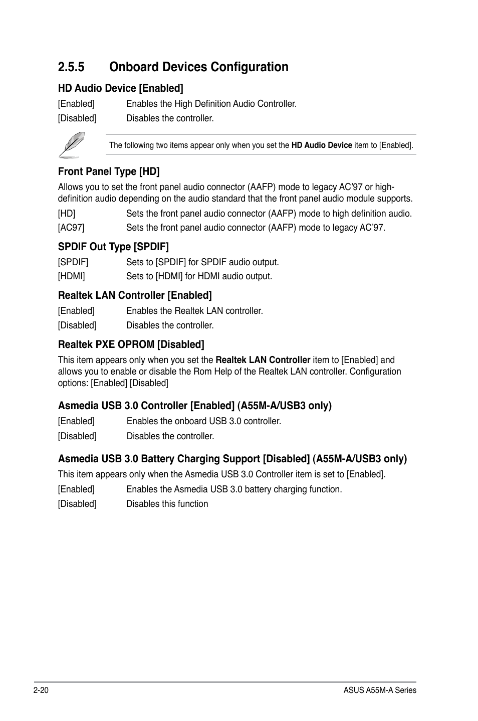 5 onboard devices configuration, Onboard devices configuration -20 | Asus A55M-A/USB3 User Manual | Page 62 / 78