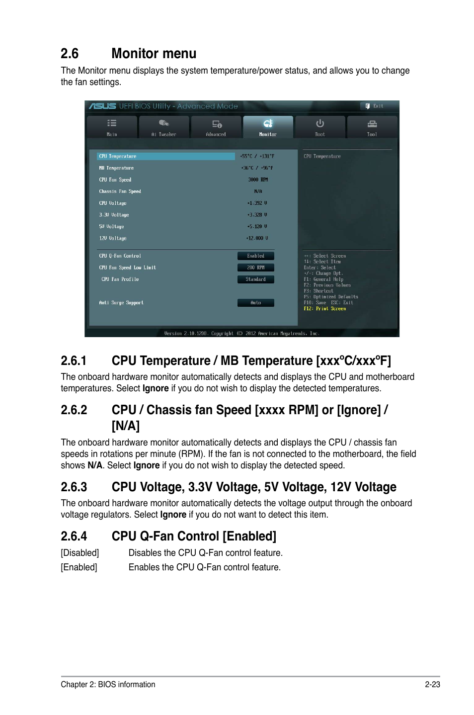 6 monitor menu, 1 cpu temperature / mb temperature [xxxºc/xxxºf, 4 cpu q-fan control [enabled | 6 monitor menu -23, Cpu temperature / mb temperature [xxxºc/xxxºf] -23, Cpu q-fan control [enabled] -23 | Asus A55M-A/USB3 User Manual | Page 65 / 78