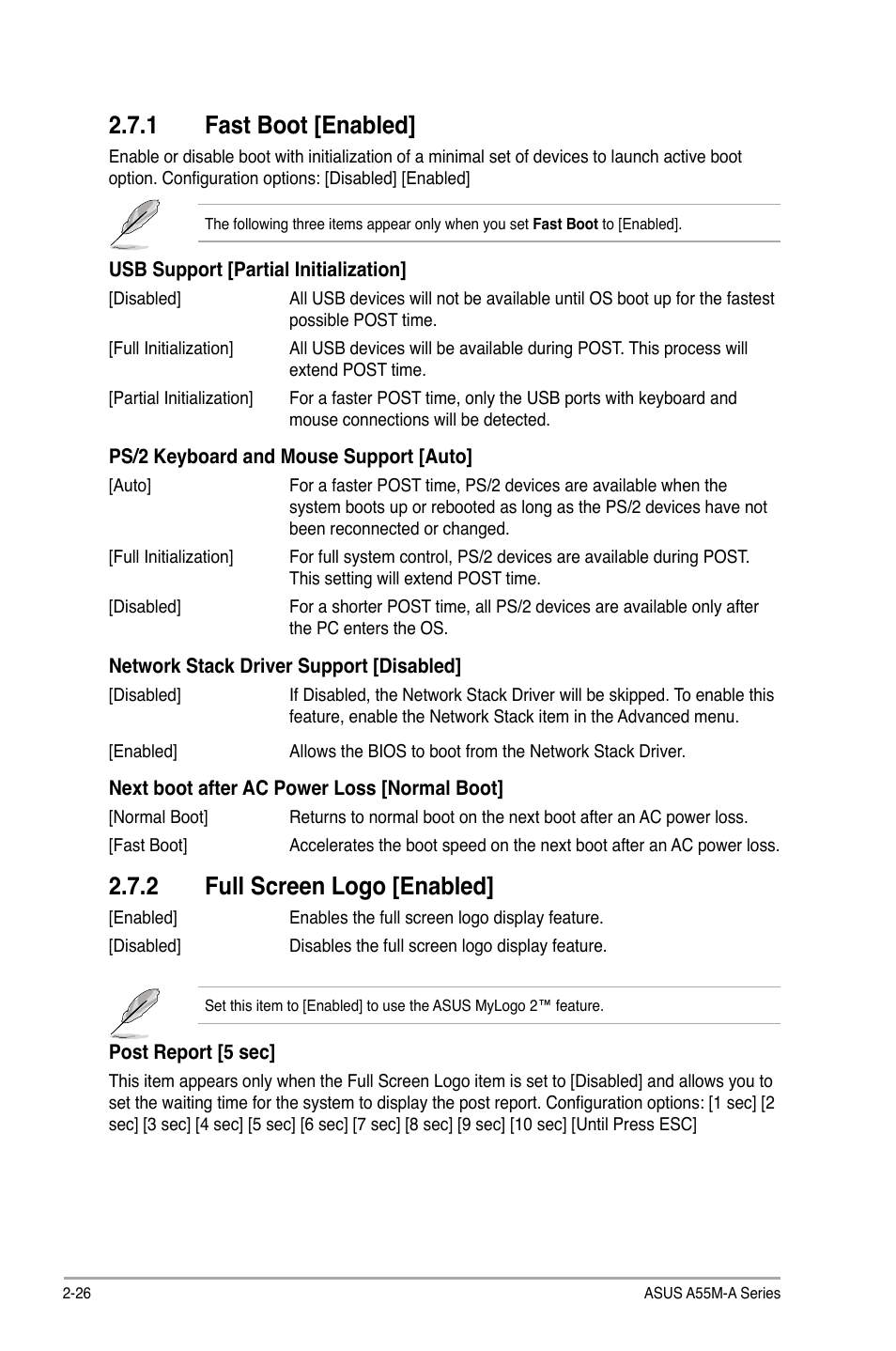 1 fast boot [enabled, 2 full screen logo [enabled, Fast boot [enabled] -26 | Full screen logo [enabled] -26 | Asus A55M-A/USB3 User Manual | Page 68 / 78