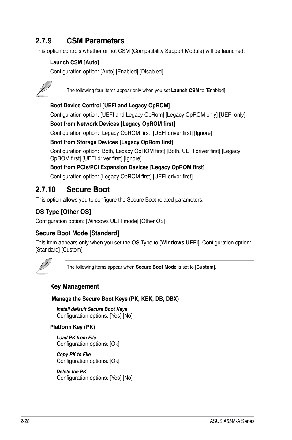 9 csm parameters, 10 secure boot, Csm parameters -28 | 10 secure boot -28 | Asus A55M-A/USB3 User Manual | Page 70 / 78