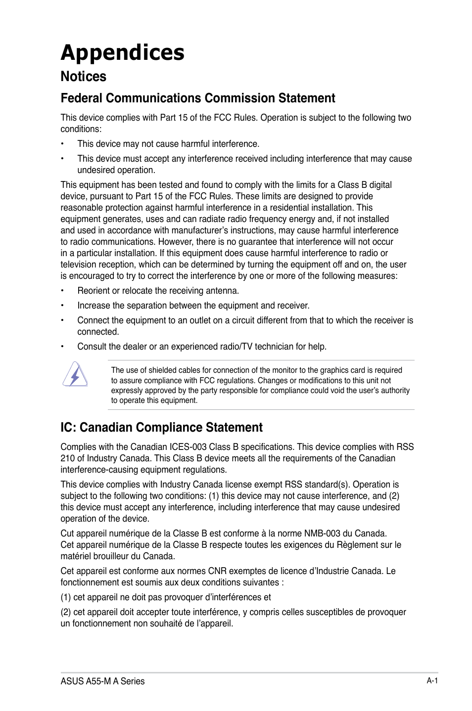 Appendices, Notices, Federal communications commission statement | Ic: canadian compliance statement | Asus A55M-A/USB3 User Manual | Page 75 / 78