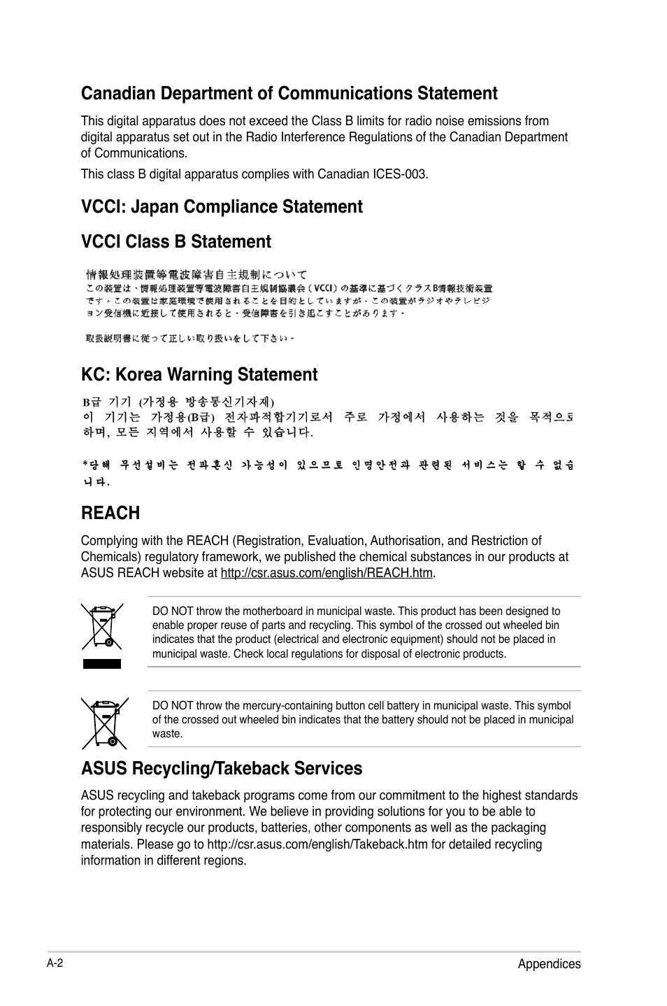 Canadian department of communications statement, Asus recycling/takeback services | Asus A55M-A/USB3 User Manual | Page 76 / 78