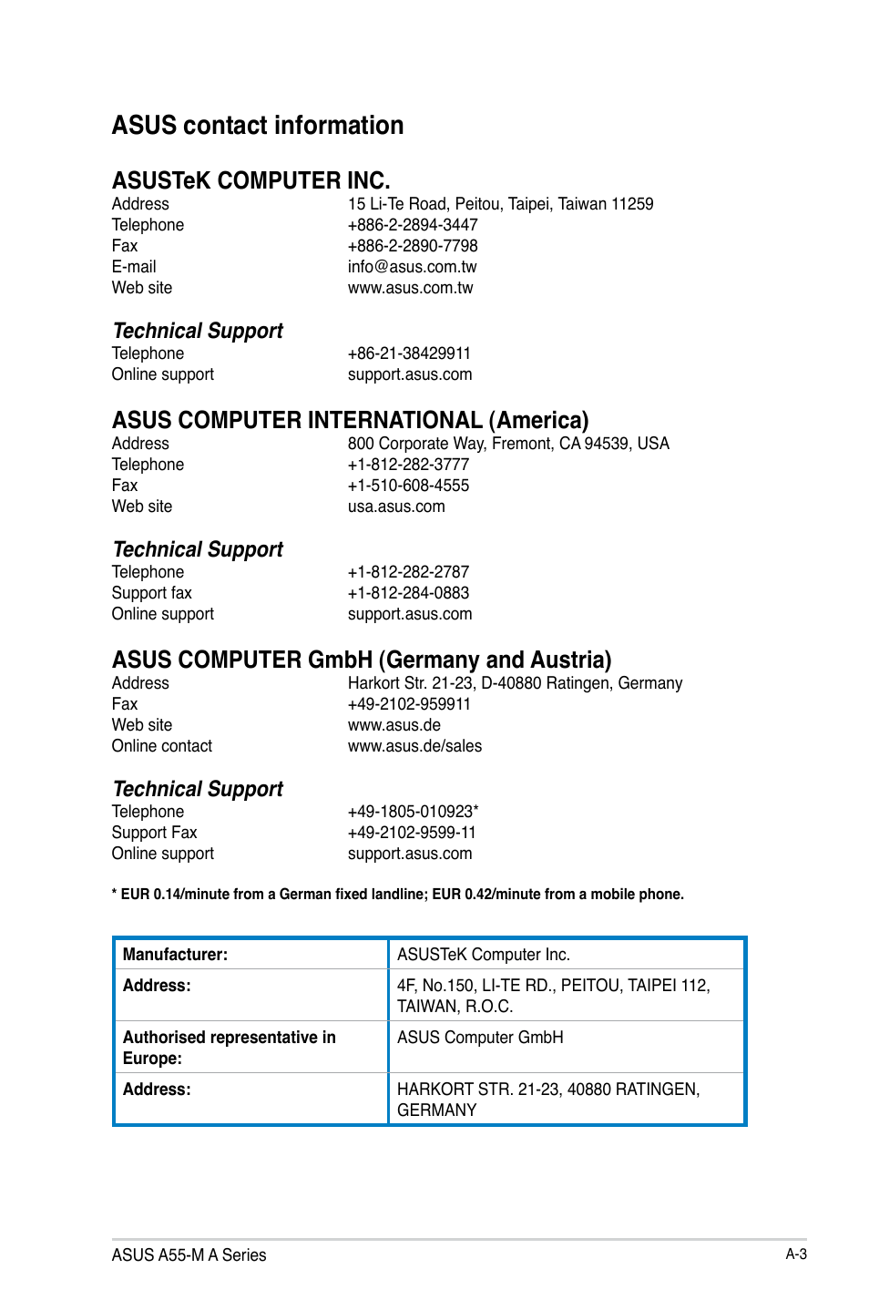 Asus contact information, Asustek computer inc, Asus computer international (america) | Asus computer gmbh (germany and austria), Technical support | Asus A55M-A/USB3 User Manual | Page 77 / 78