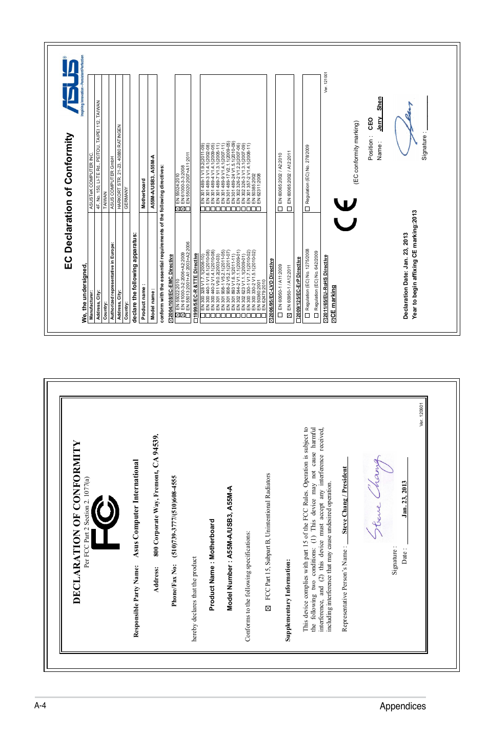 Appendices declaration of conformity, Ec declaration of conformity, Asu s c om pu te r in te rn at io na l | Address: 800 corporate way, fremont | Asus A55M-A/USB3 User Manual | Page 78 / 78