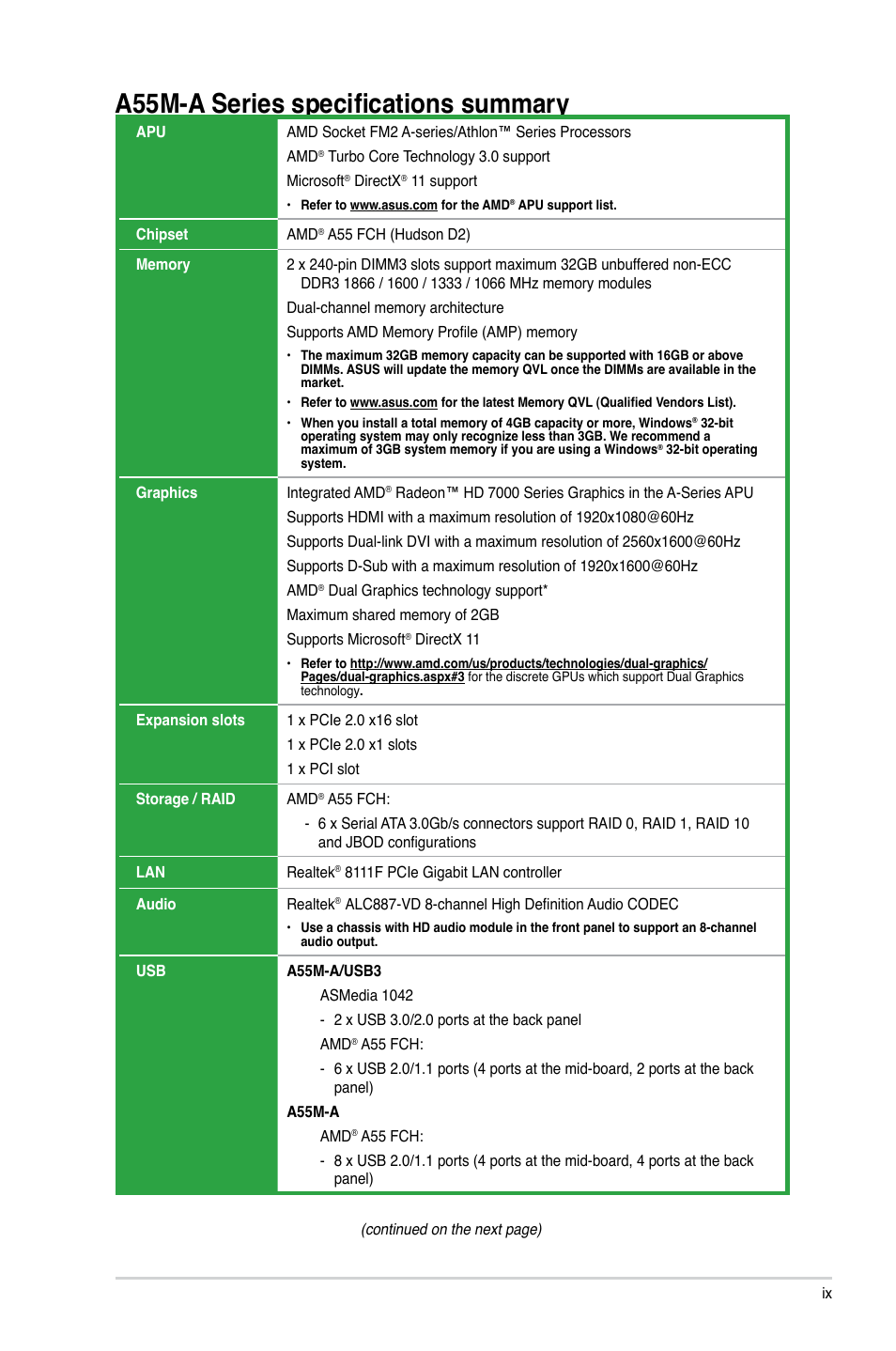 A55m-a series specifications summary | Asus A55M-A/USB3 User Manual | Page 9 / 78