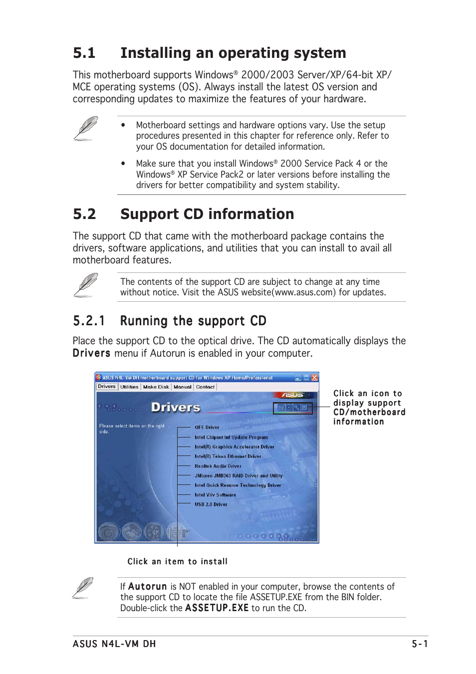 1 installing an operating system, 2 support cd information | Asus N4L-VM DH User Manual | Page 107 / 148