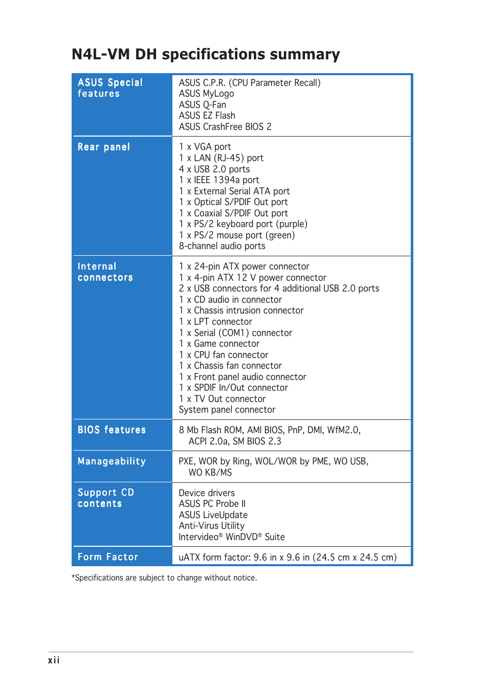 N4l-vm dh specifications summary | Asus N4L-VM DH User Manual | Page 12 / 148