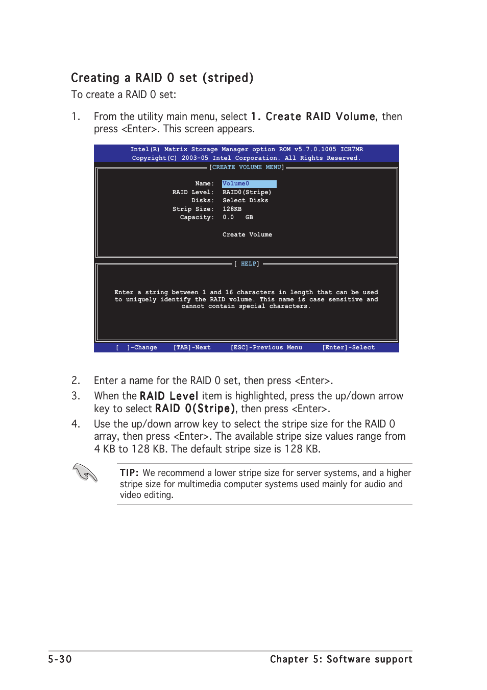 Creating a raid 0 set (striped) | Asus N4L-VM DH User Manual | Page 136 / 148