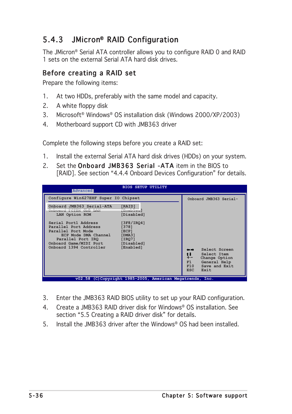 3 jmicron jmicron jmicron jmicron jmicron, Raid configuration, Before creating a raid set | Asus N4L-VM DH User Manual | Page 142 / 148