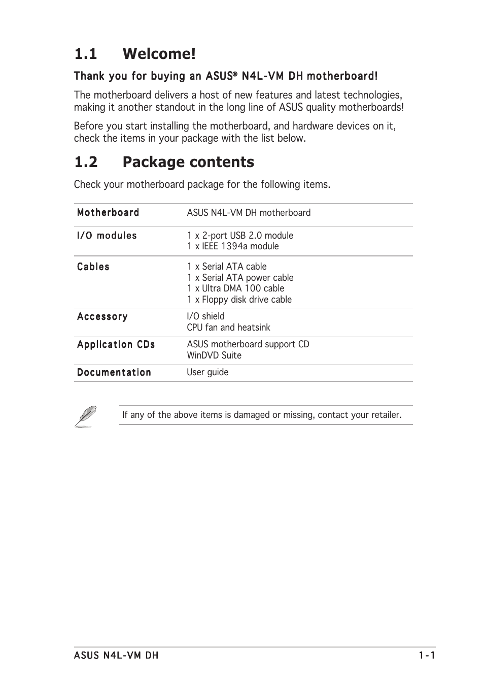 1 welcome, 2 package contents | Asus N4L-VM DH User Manual | Page 15 / 148