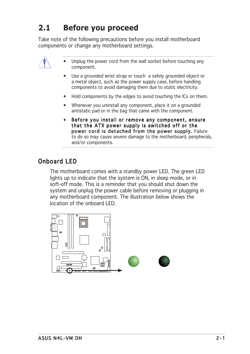 1 before you proceed, Onboard led | Asus N4L-VM DH User Manual | Page 23 / 148