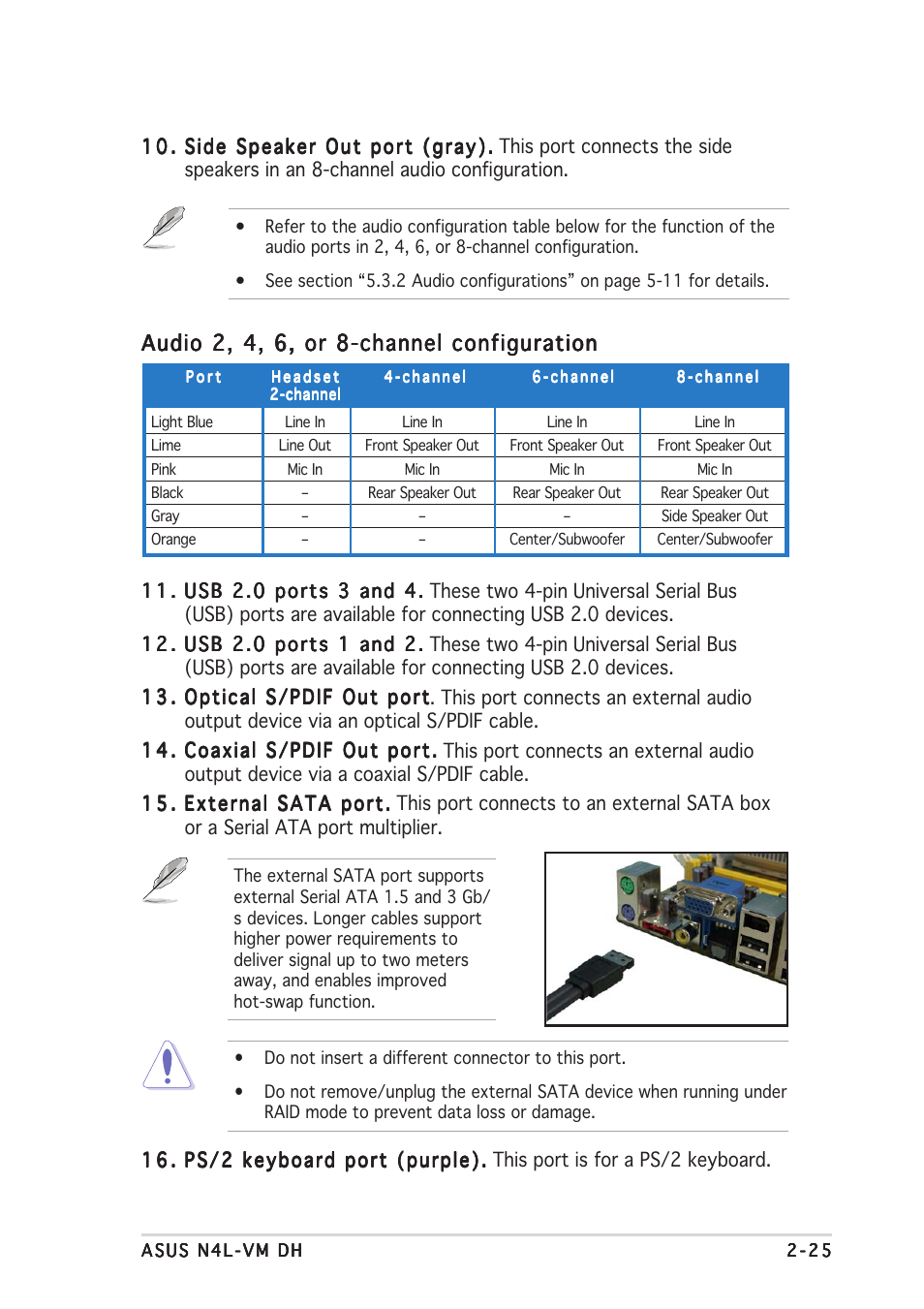 Audio 2, 4, 6, or 8-channel configuration | Asus N4L-VM DH User Manual | Page 47 / 148