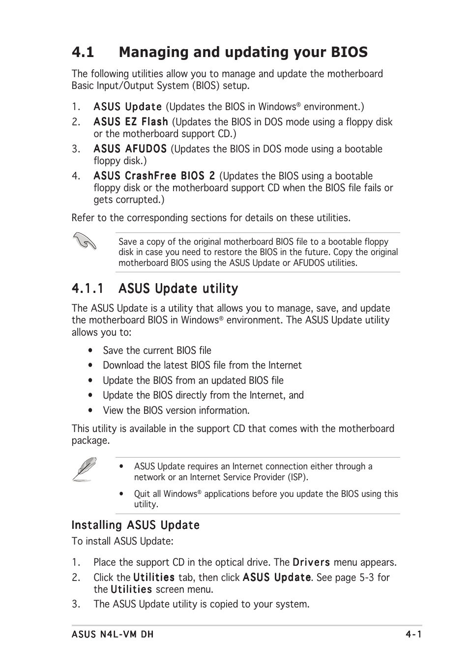 1 managing and updating your bios | Asus N4L-VM DH User Manual | Page 65 / 148