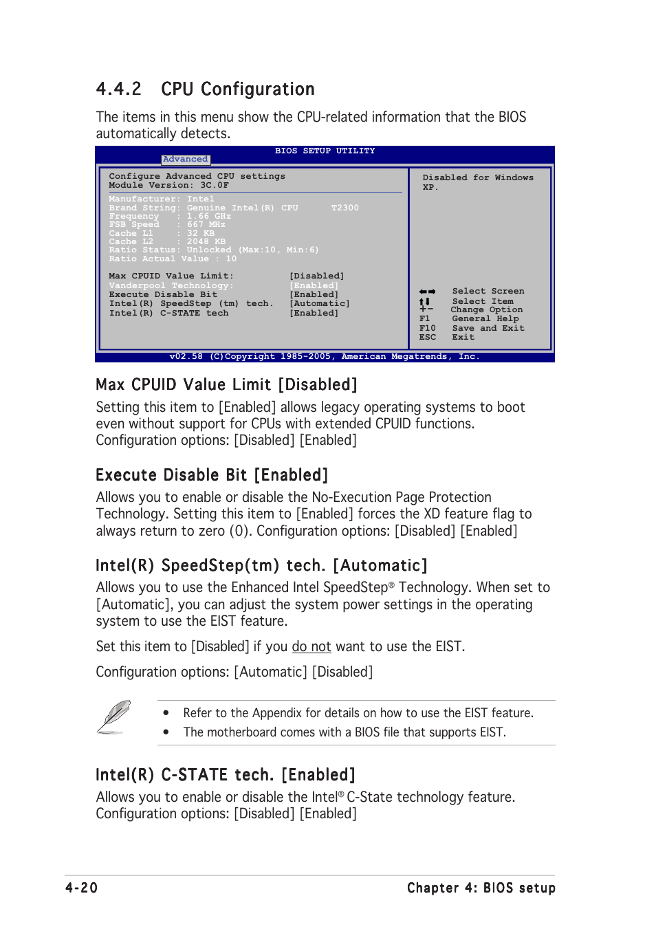 Max cpuid value limit [disabled, Execute disable bit [enabled, Intel(r) speedstep(tm) tech. [automatic | Intel(r) c-state tech. [enabled | Asus N4L-VM DH User Manual | Page 84 / 148