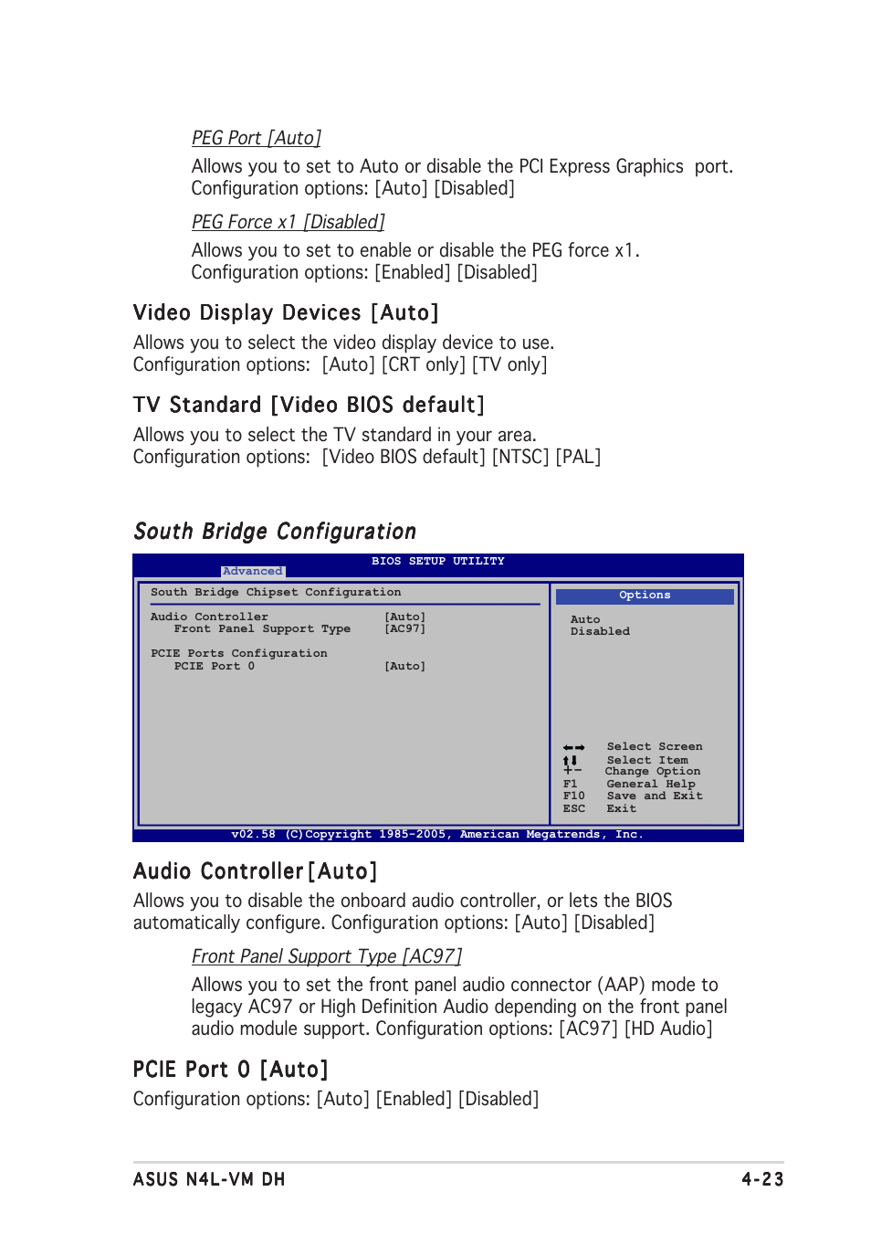 Video display devices [auto, Tv standard [video bios default, South bridge configuration | Audio controller, Pcie port 0 [auto | Asus N4L-VM DH User Manual | Page 87 / 148