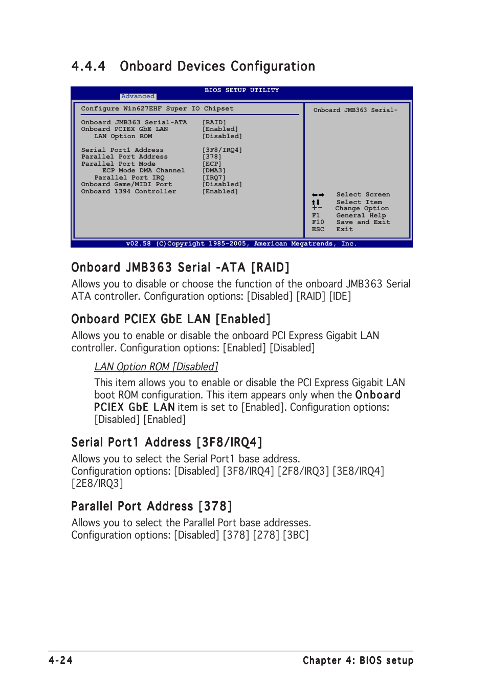 Onboard pciex gbe lan [enabled, Serial port1 address [3f8/irq4, Parallel port address [378 | Asus N4L-VM DH User Manual | Page 88 / 148