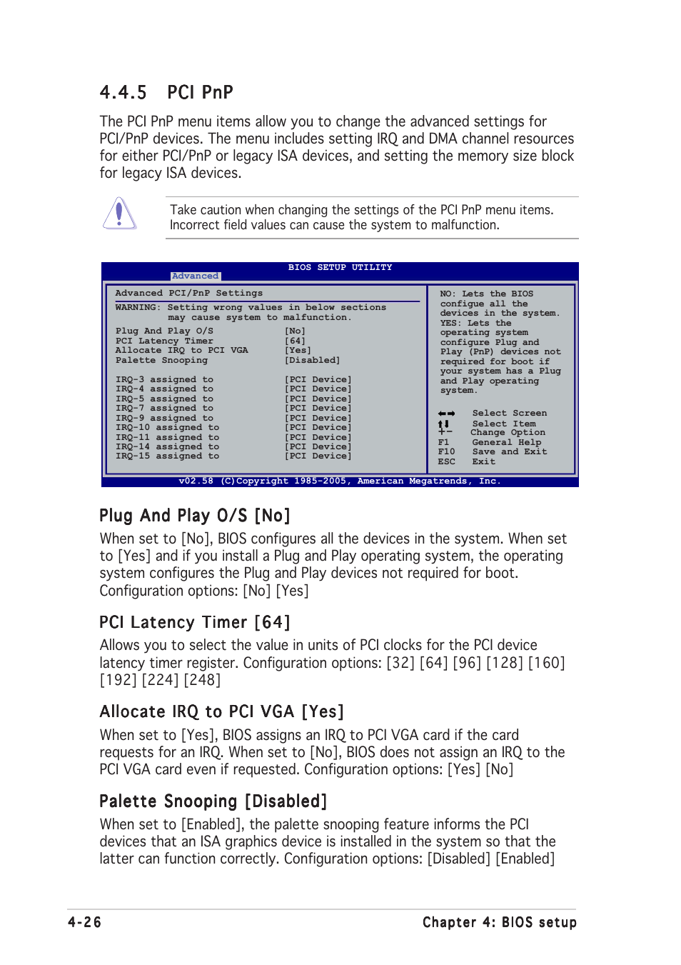 5 pci pnp pci pnp pci pnp pci pnp pci pnp, Plug and play o/s [no, Pci latency timer [64 | Allocate irq to pci vga [yes, Palette snooping [disabled | Asus N4L-VM DH User Manual | Page 90 / 148