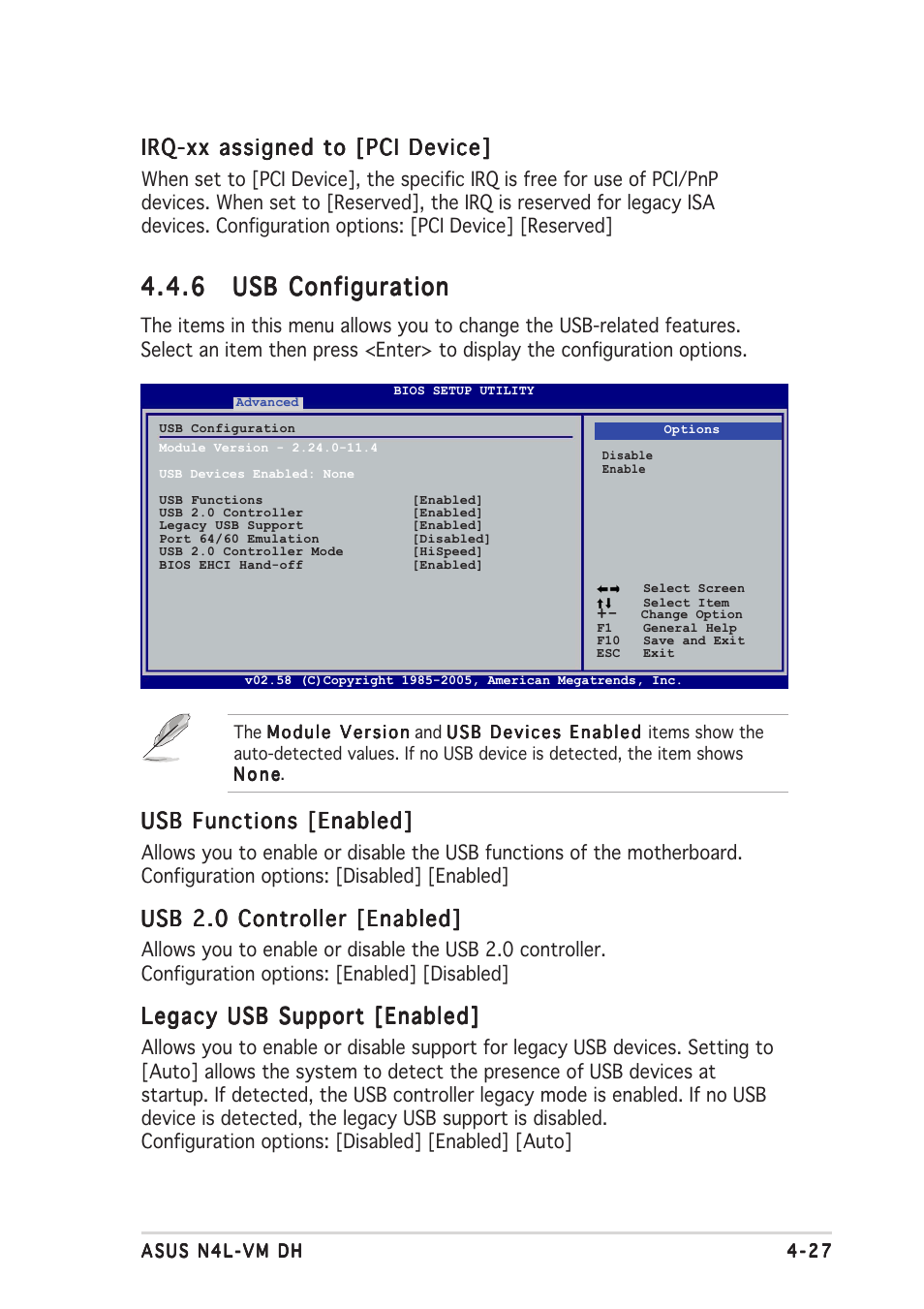 Irq-xx assigned to [pci device, Usb functions [enabled, Usb 2.0 controller [enabled | Legacy usb support [enabled | Asus N4L-VM DH User Manual | Page 91 / 148