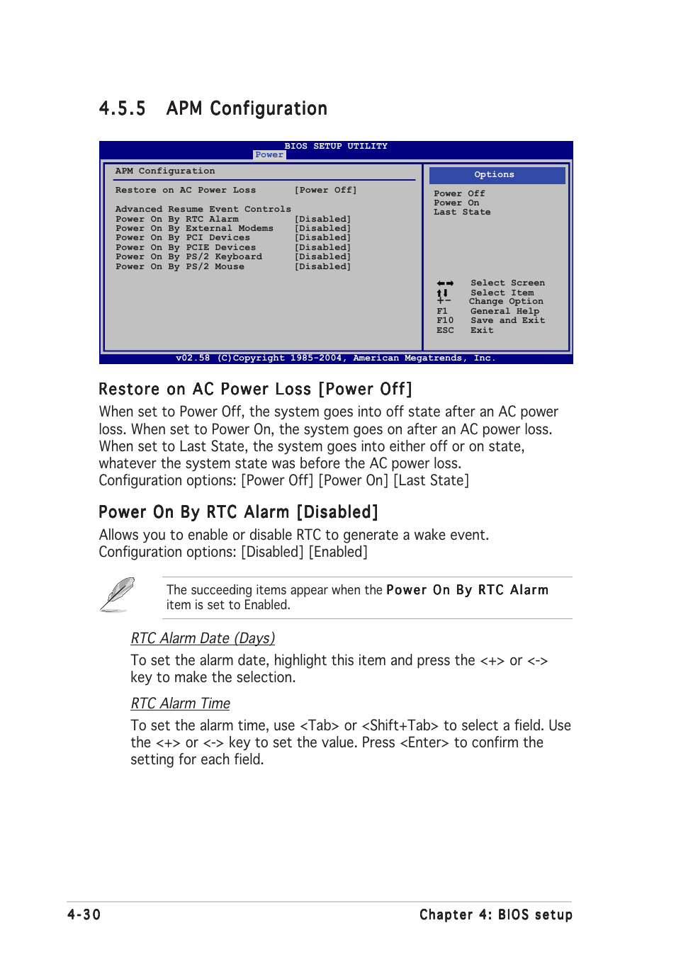 Restore on ac power loss [power off, Power on by rtc alarm [disabled | Asus N4L-VM DH User Manual | Page 94 / 148