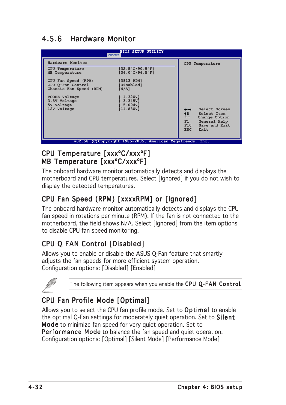 Cpu temperature [xxxºc/xxxºf, Cpu q-fan control [disabled, Cpu fan profile mode [optimal | Asus N4L-VM DH User Manual | Page 96 / 148