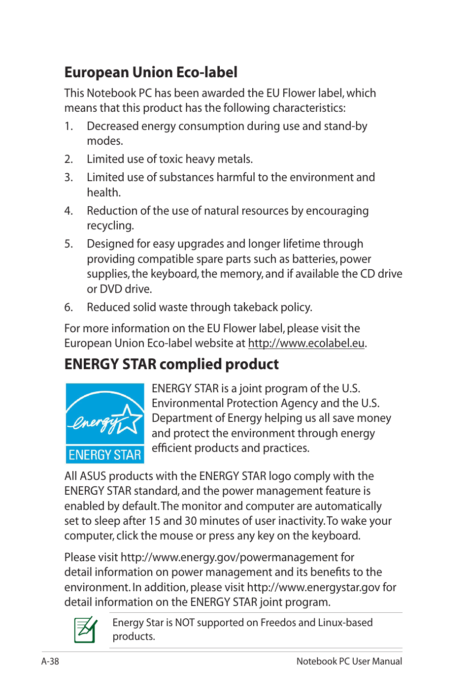 European union eco-label, Energy star complied product | Asus X4KVM User Manual | Page 110 / 114