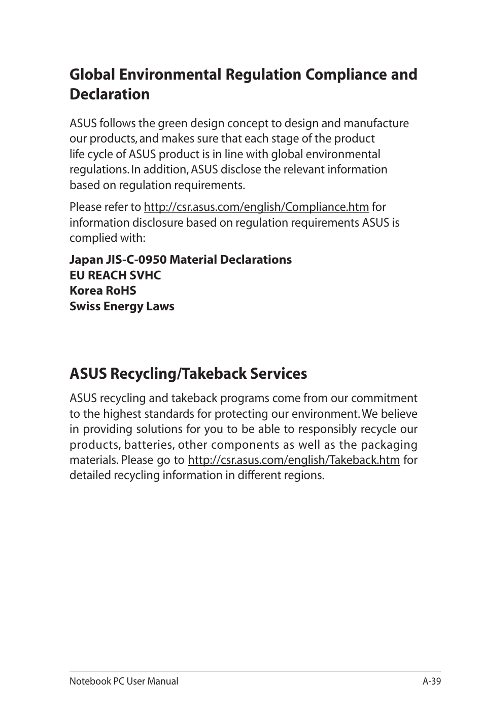 Asus recycling/takeback services | Asus X4KVM User Manual | Page 111 / 114