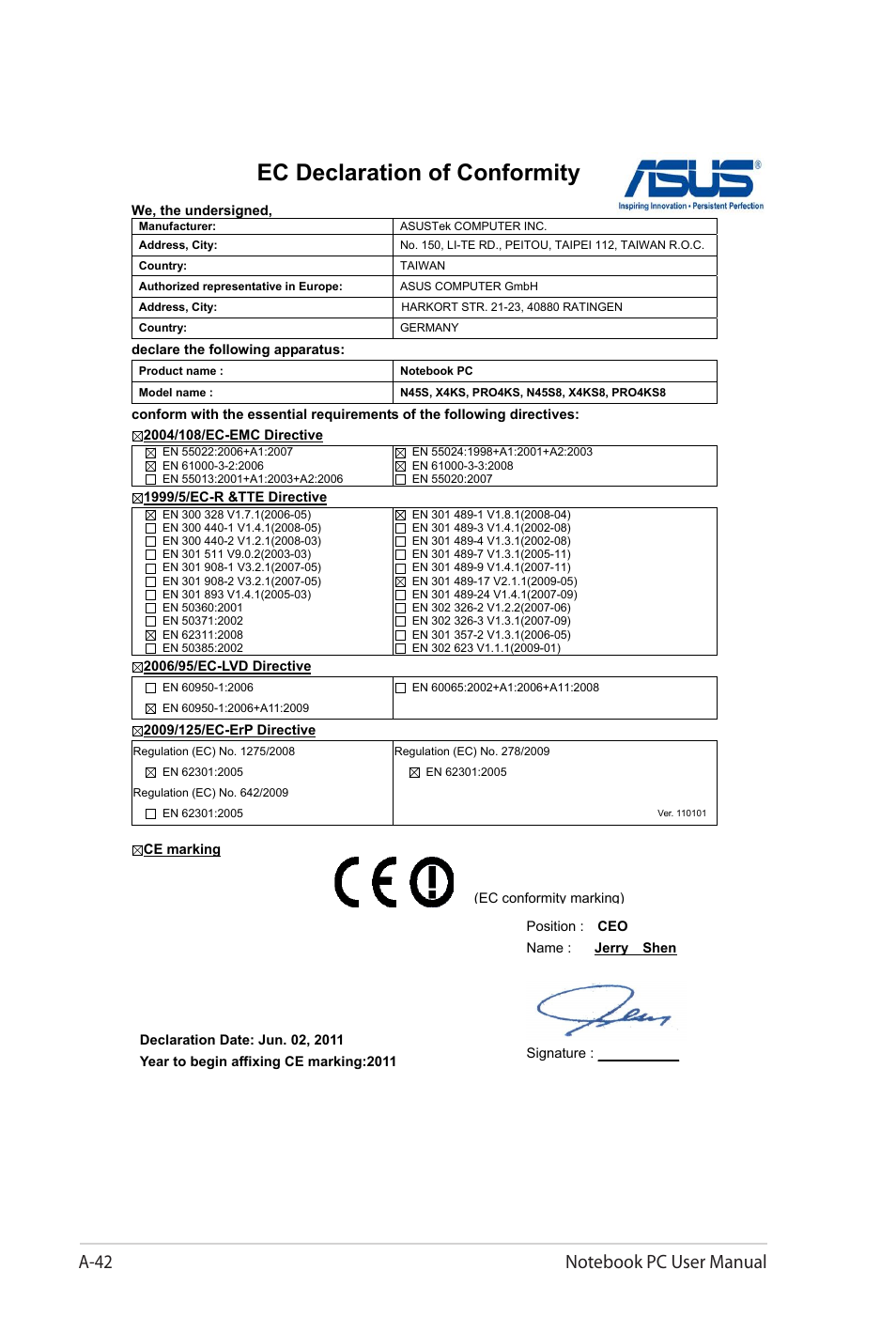 Ec declaration of conformity | Asus X4KVM User Manual | Page 114 / 114