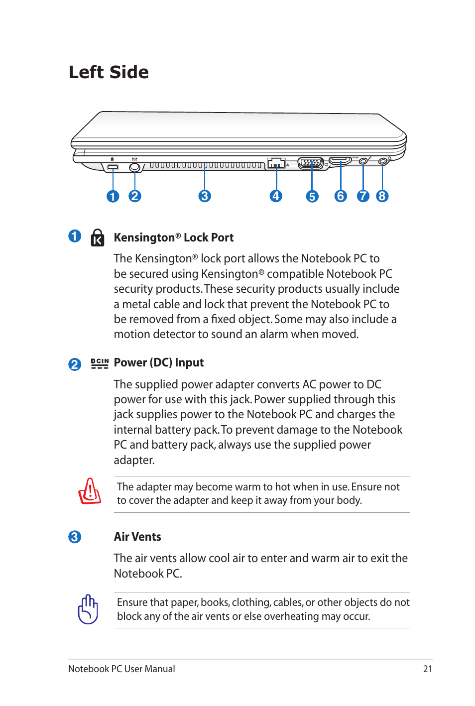 Left side | Asus X4KVM User Manual | Page 21 / 114