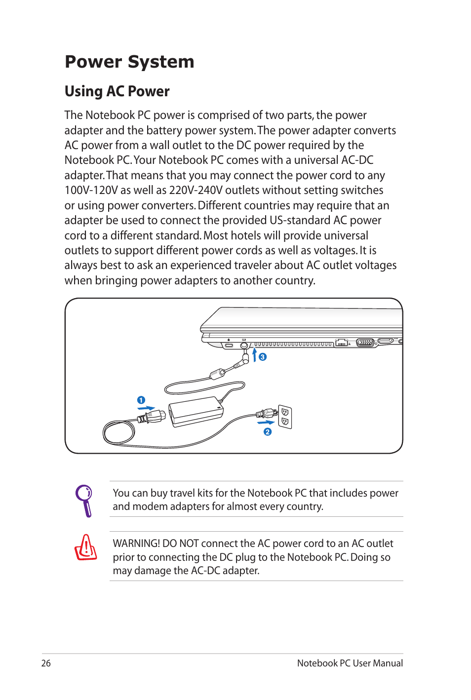 Power system, Using ac power | Asus X4KVM User Manual | Page 26 / 114