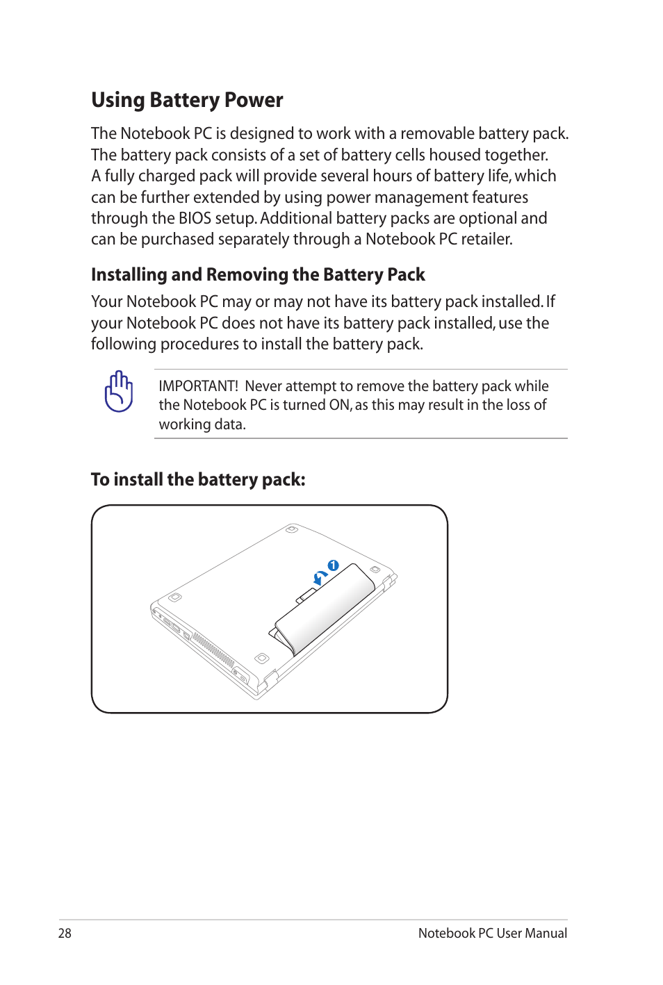 Using battery power, Installing and removing the battery pack | Asus X4KVM User Manual | Page 28 / 114