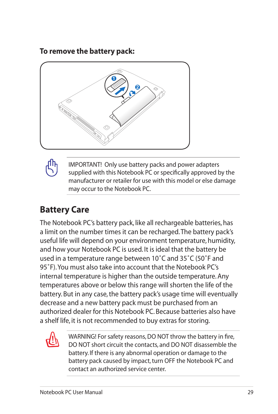 Battery care | Asus X4KVM User Manual | Page 29 / 114