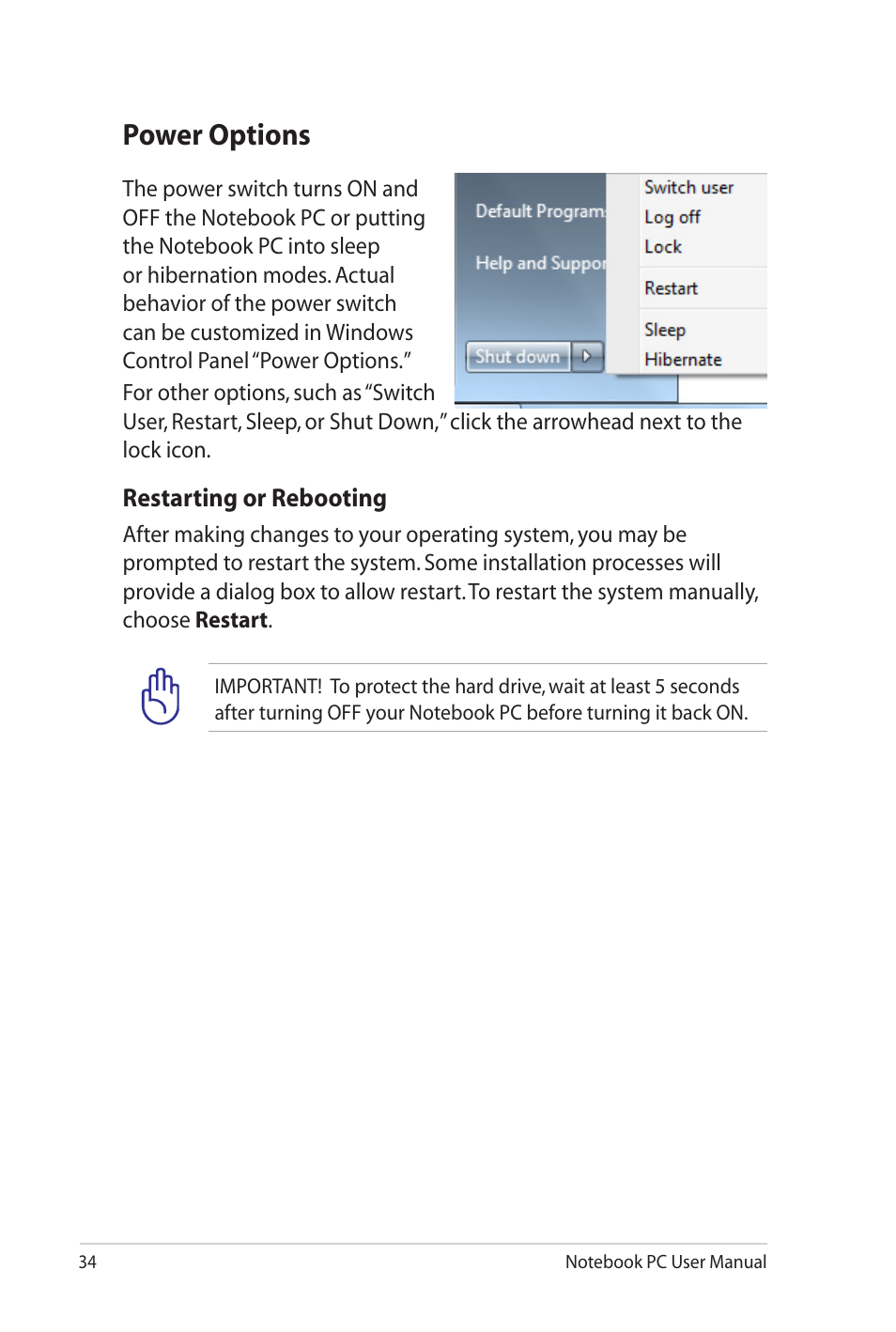 Power options | Asus X4KVM User Manual | Page 34 / 114