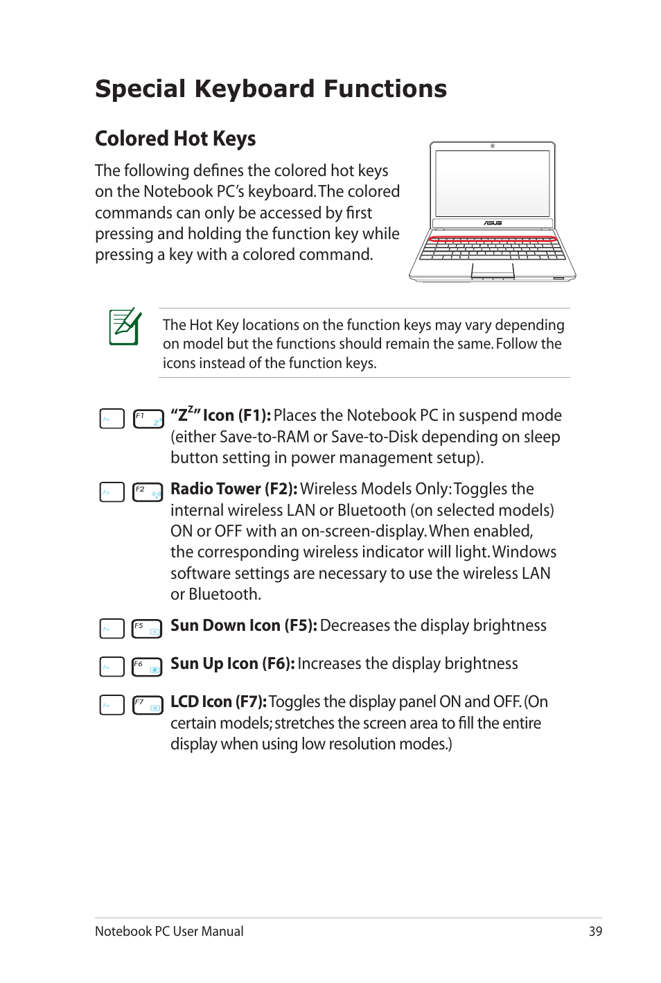 Special keyboard functions, Colored hot keys | Asus X4KVM User Manual | Page 39 / 114