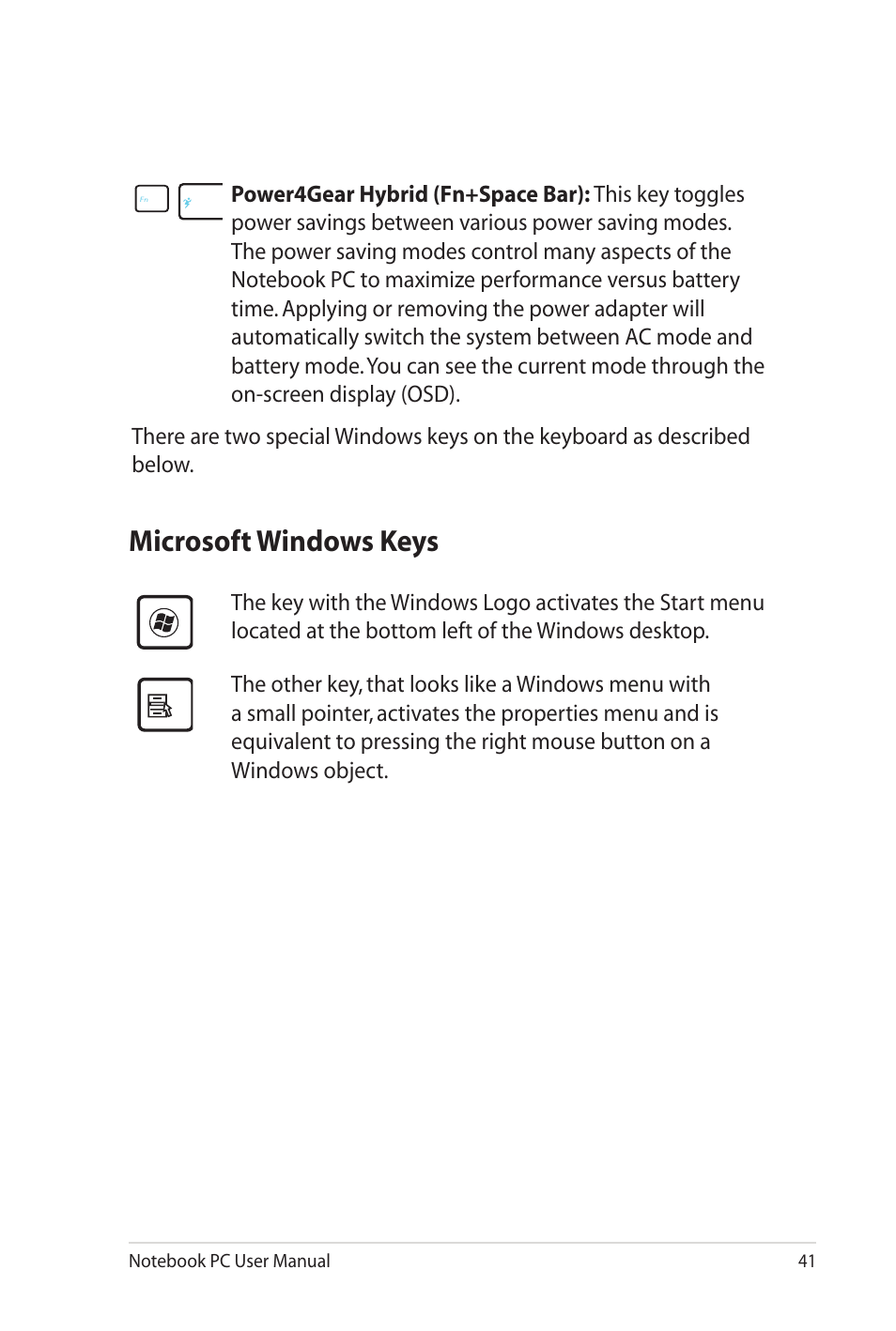 Microsoft windows keys | Asus X4KVM User Manual | Page 41 / 114