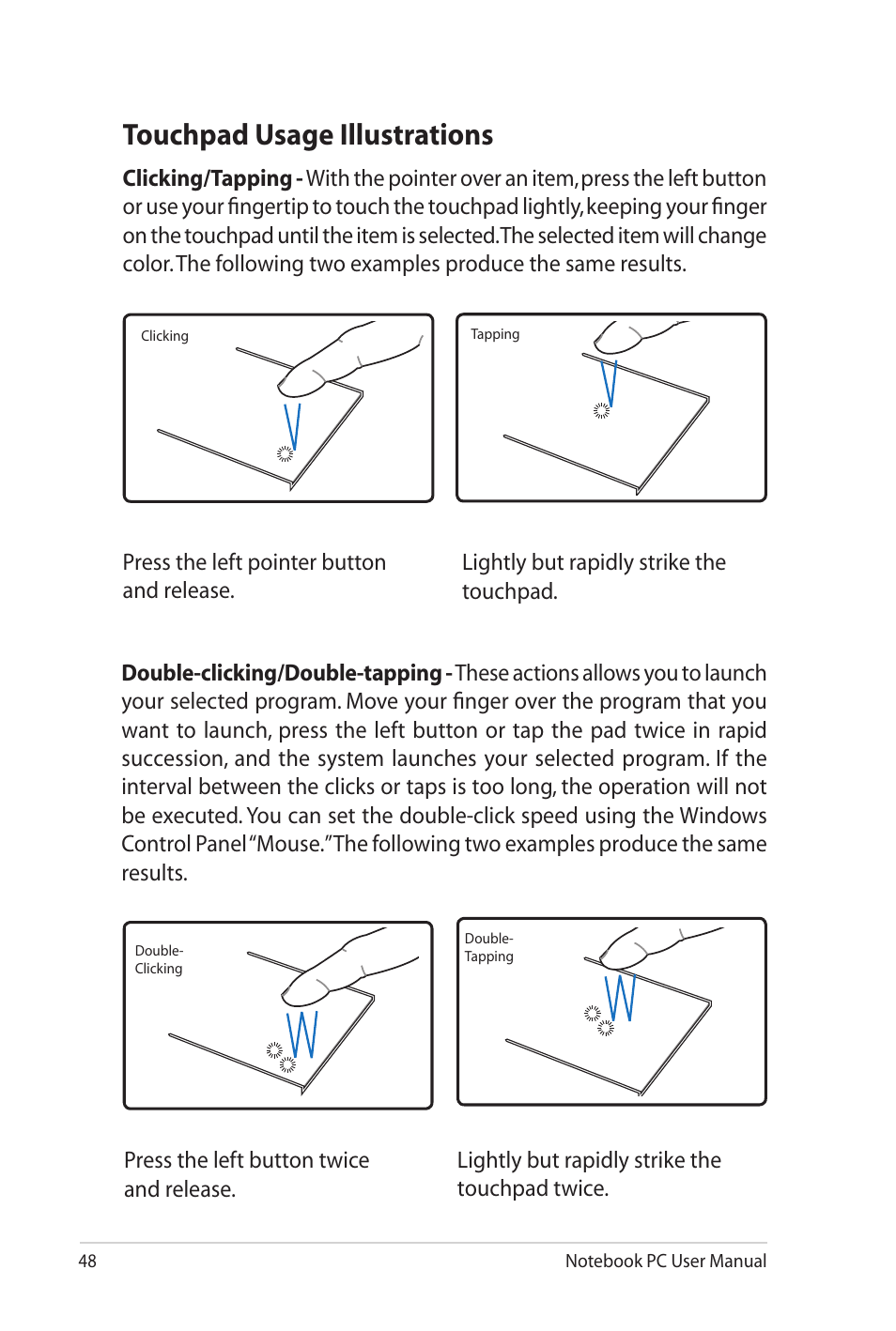 Touchpad usage illustrations | Asus X4KVM User Manual | Page 48 / 114