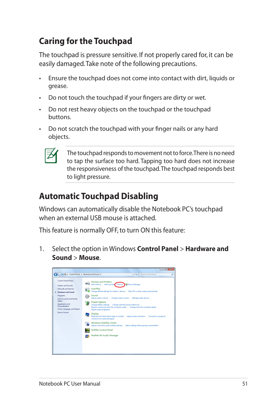 Caring for the touchpad, Automatic touchpad disabling | Asus X4KVM User Manual | Page 51 / 114