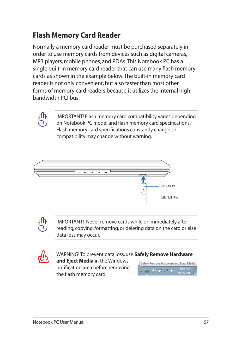 Flash memory card reader | Asus X4KVM User Manual | Page 57 / 114