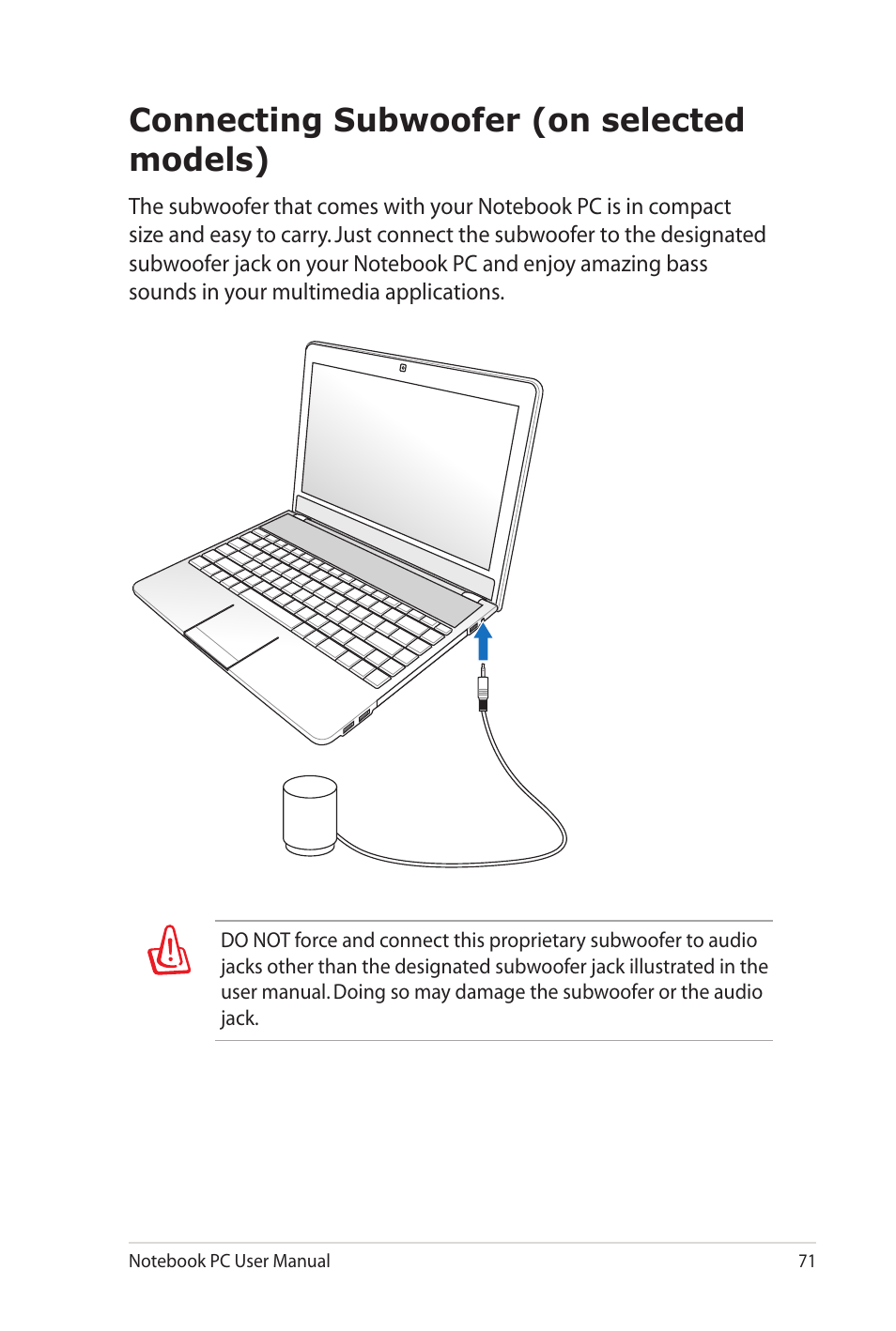 Connecting subwoofer (on selected models) | Asus X4KVM User Manual | Page 71 / 114