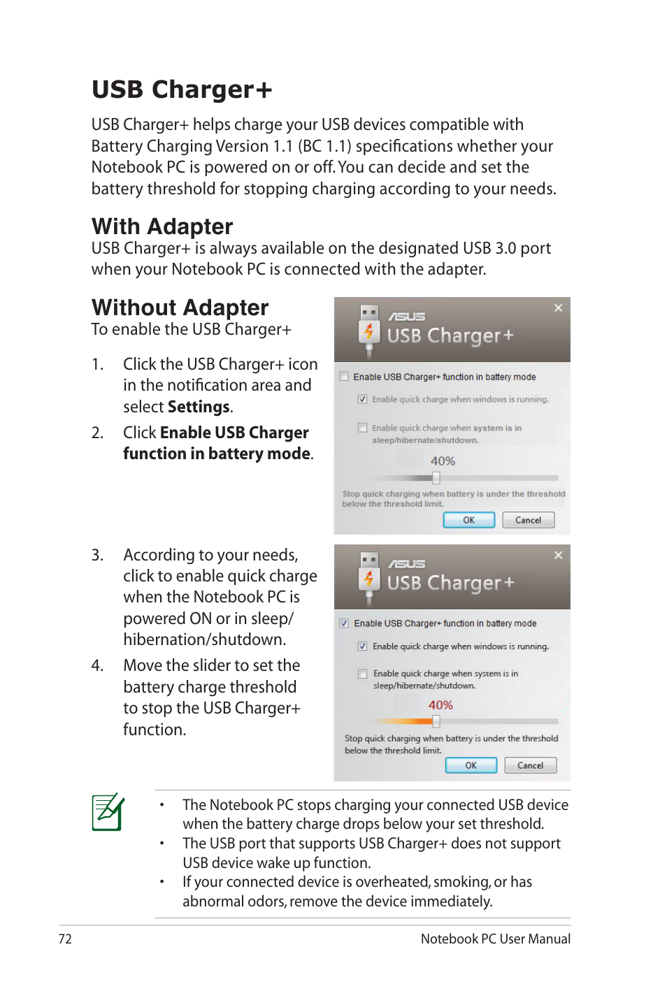 Usb charger, With adapter, Without adapter | Asus X4KVM User Manual | Page 72 / 114