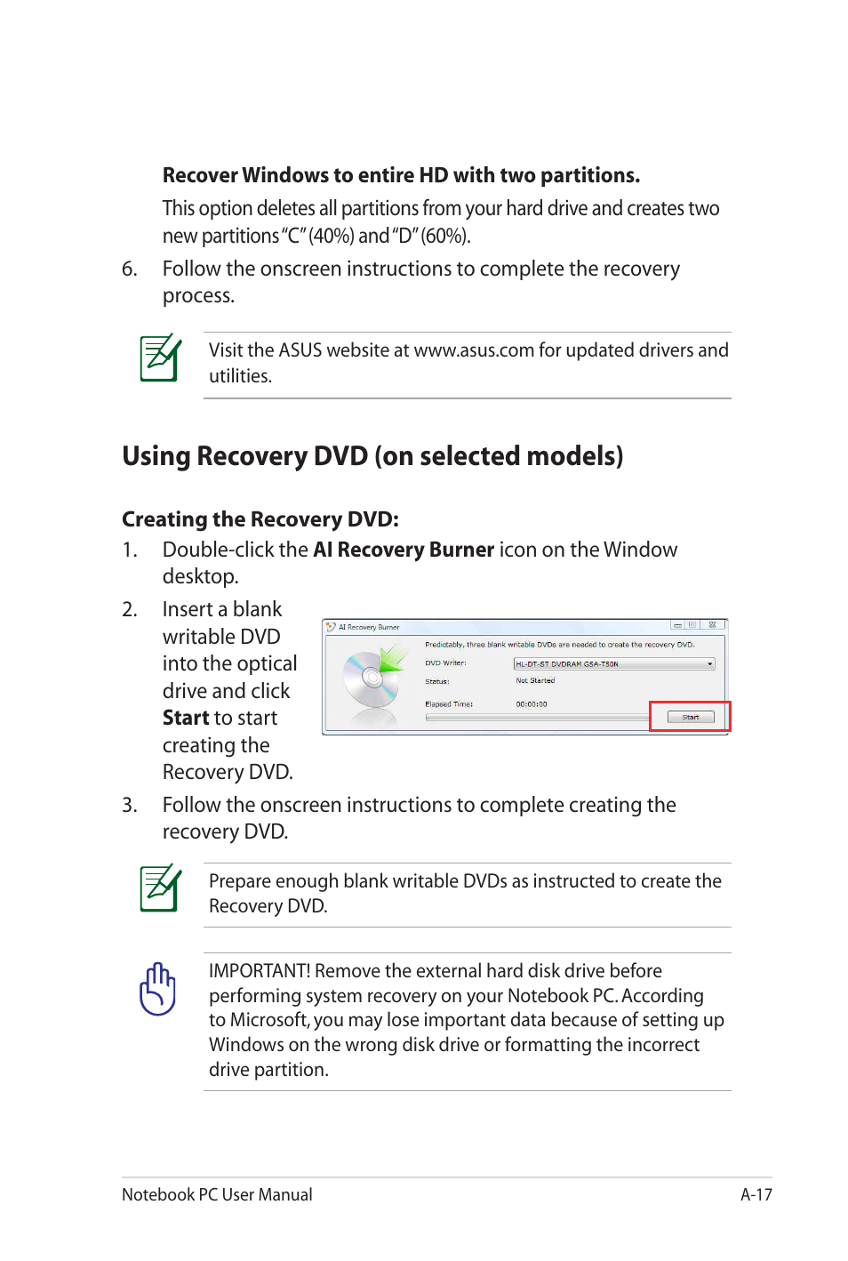 Using recovery dvd (on selected models) | Asus X4KVM User Manual | Page 89 / 114