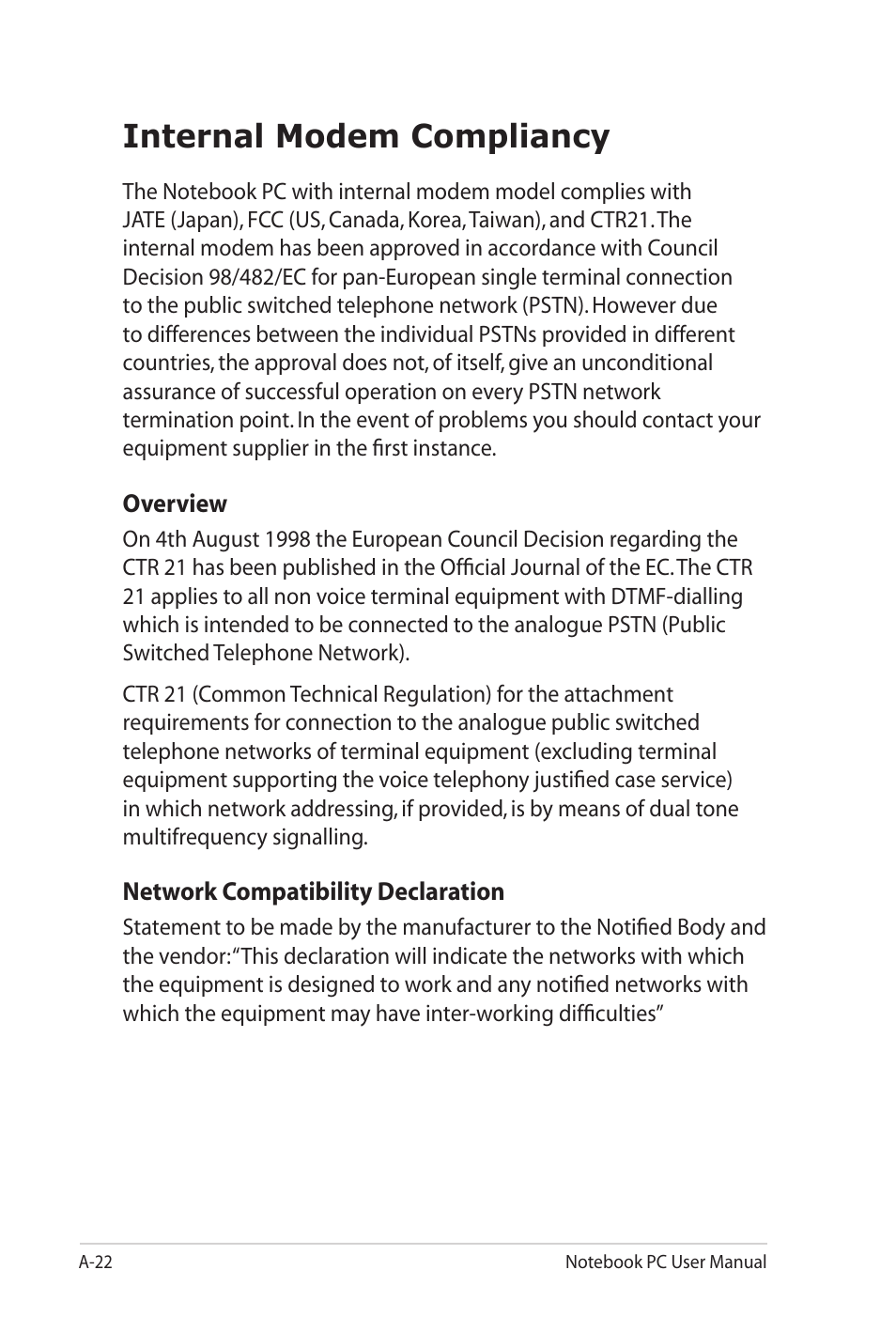 Internal modem compliancy | Asus X4KVM User Manual | Page 94 / 114