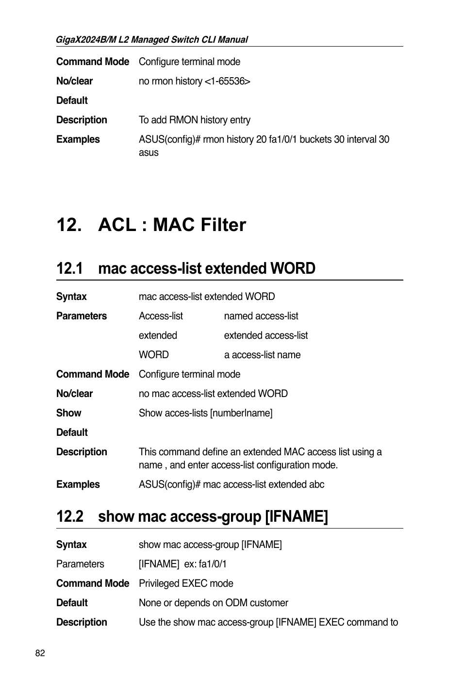 Acl : mac filter, 1 mac access-list extended word, 2 show mac access-group [ifname | Asus GigaX2024B User Manual | Page 102 / 245