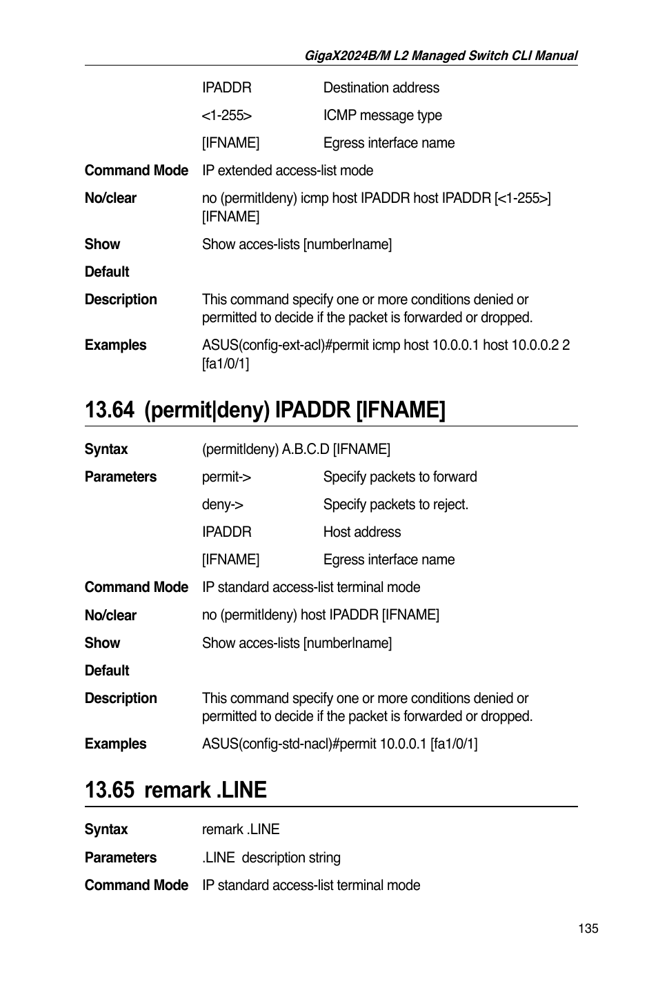 64 (permit|deny) ipaddr [ifname, 65 remark .line | Asus GigaX2024B User Manual | Page 155 / 245