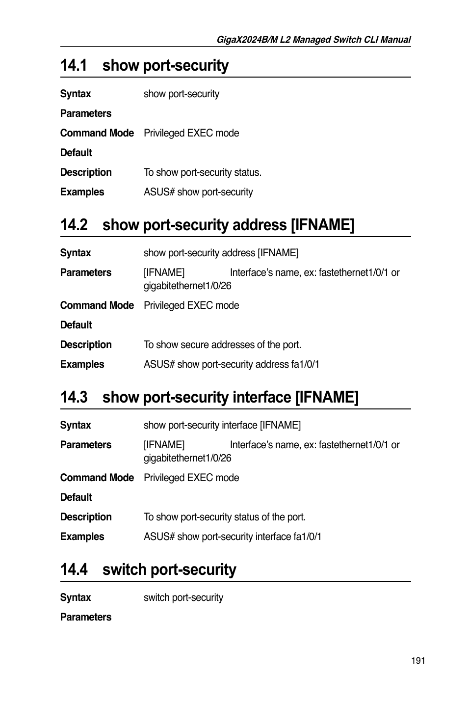 1 show port-security, 2 show port-security address [ifname, 3 show port-security interface [ifname | 4 switch port-security | Asus GigaX2024B User Manual | Page 211 / 245