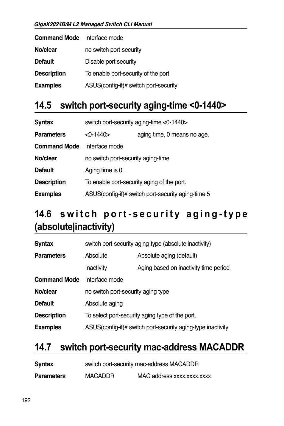 7 switch port-security mac-address macaddr | Asus GigaX2024B User Manual | Page 212 / 245