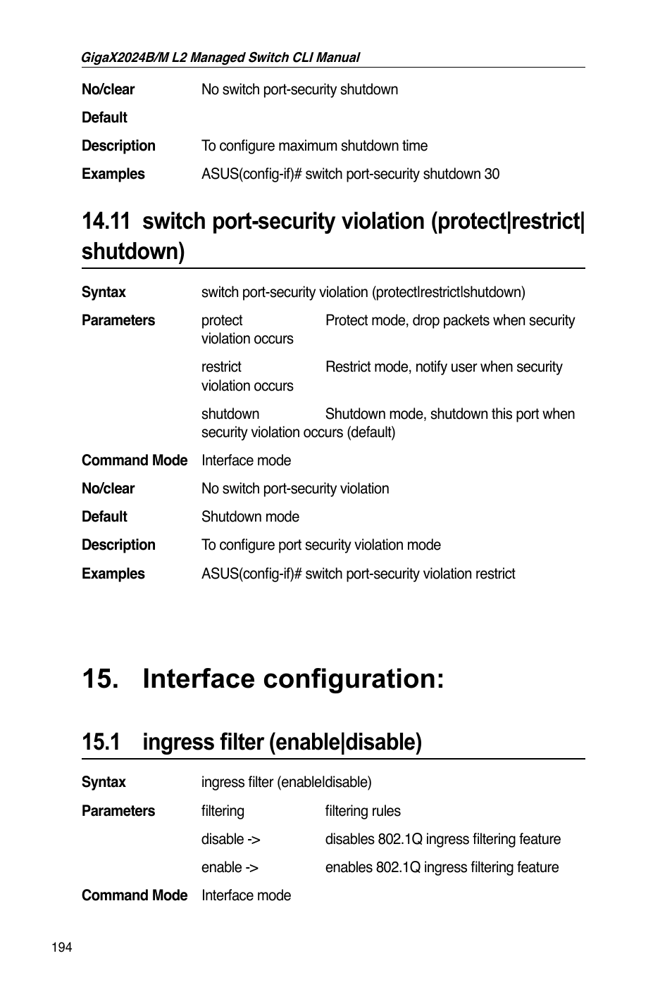 Interface configuration, 1 ingress filter (enable|disable) | Asus GigaX2024B User Manual | Page 214 / 245