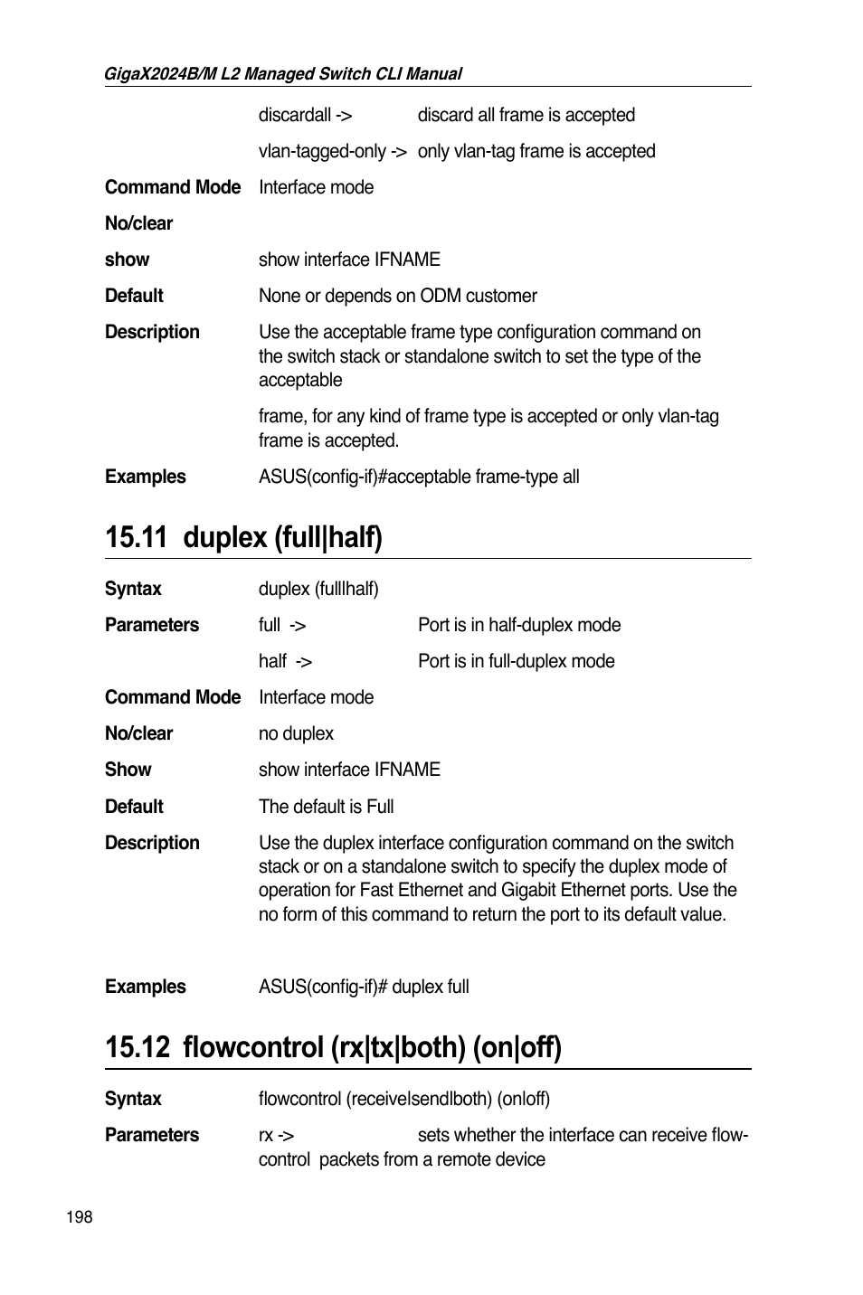 11 duplex (full|half), 12 flowcontrol (rx|tx|both) (on|off) | Asus GigaX2024B User Manual | Page 218 / 245