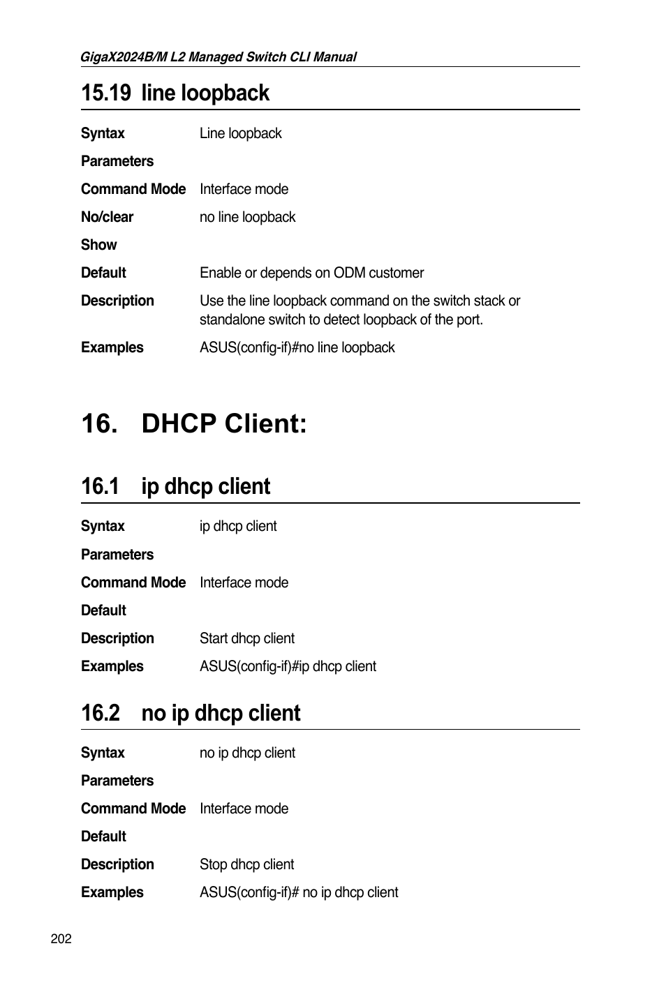 Dhcp client, 19 line loopback, 1 ip dhcp client | 2 no ip dhcp client | Asus GigaX2024B User Manual | Page 222 / 245