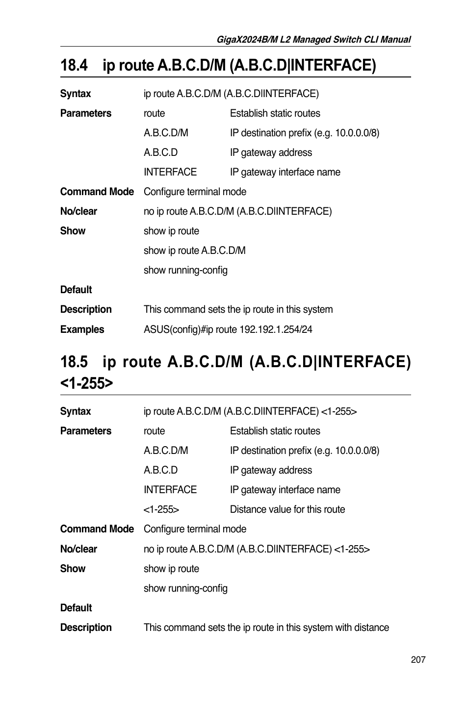 4 ip route a.b.c.d/m (a.b.c.d|interface) | Asus GigaX2024B User Manual | Page 227 / 245
